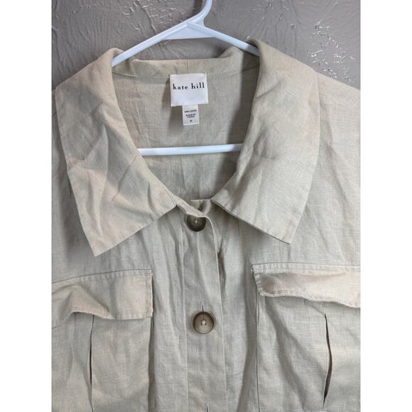 KATE HILL Tan Linen Button Front Jacket Smocked Utility Safari Womens Size 16 - Picture 4 of 5